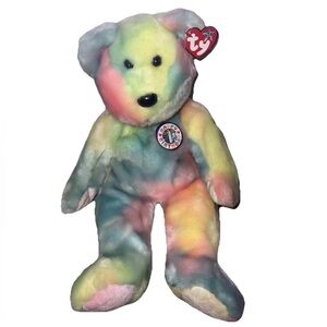 Ty Beanie Buddy Happy Birthday Bear Tie-Dye Plush 2000 Pastel Rainbow